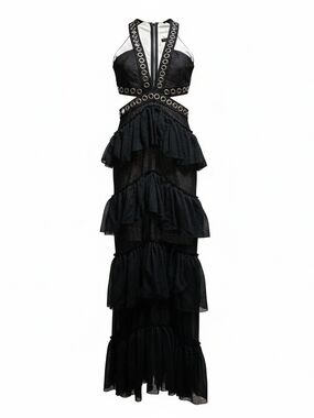 Black Eyelet Halter Ruffle Maxi Dress